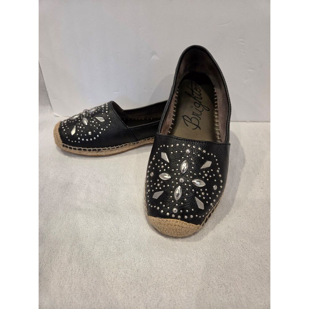 Brighton Jett Women's Black Pebbled Leather Silver Stud Detail Espadrilles Sz 9